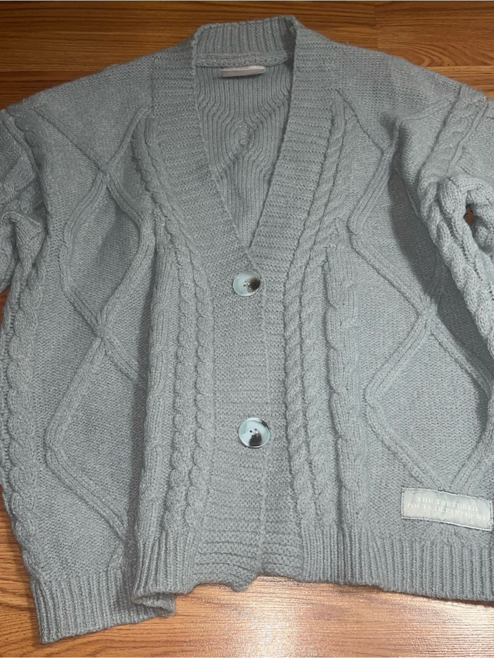 Taylor Swift Light Grey Cable Knit Cardigan. Size medium to large